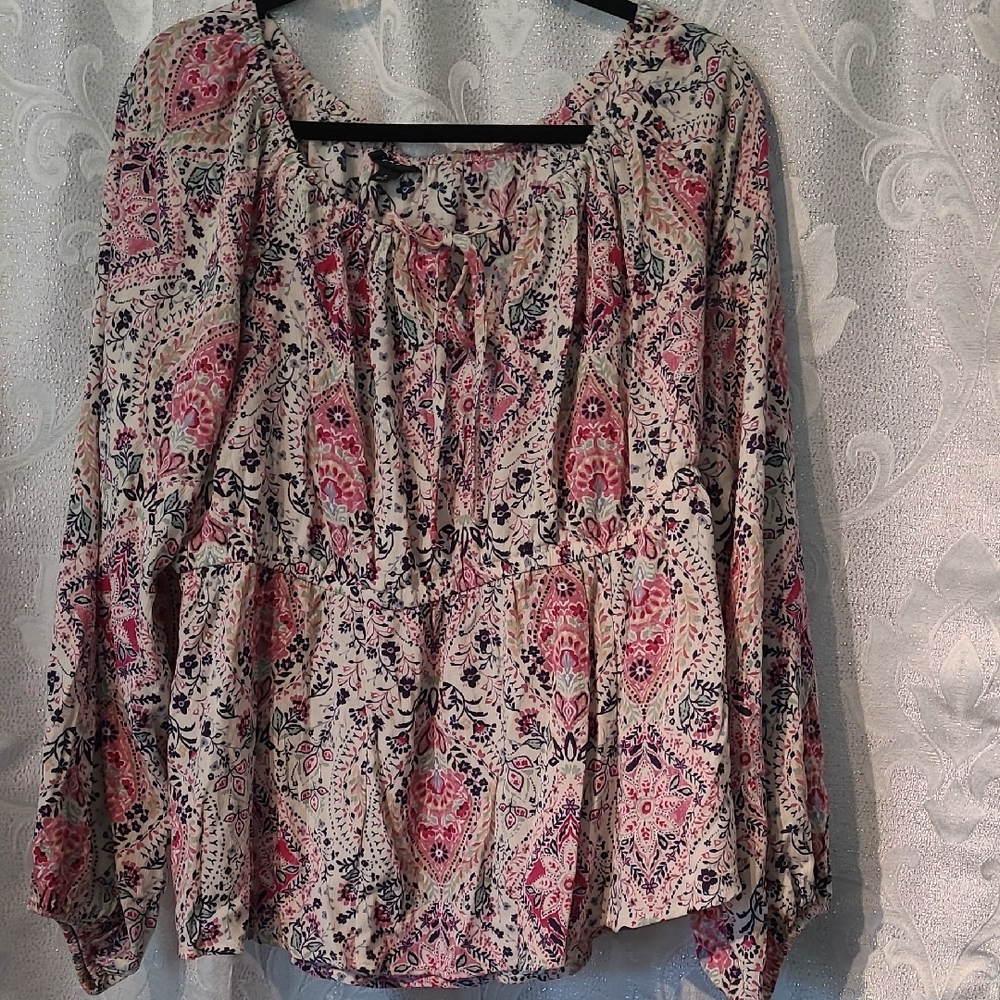 Torrid Pink and Gray Smocked Tie Front Blouse